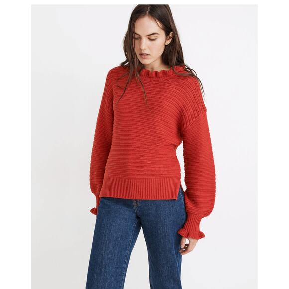 Madewell Ruffle-Neck Pullover Sweater in Cotton-Merino Yarn Size XL Kilt Red - Picture 1 of 11